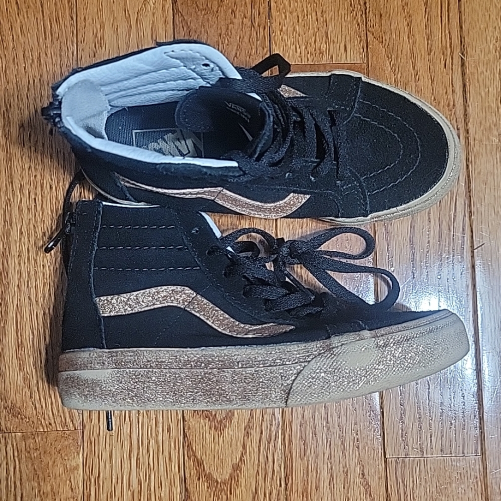 Vans Off The Wall High Top Kids Shoes Black Gold Glitter Sparkle Size Y 13